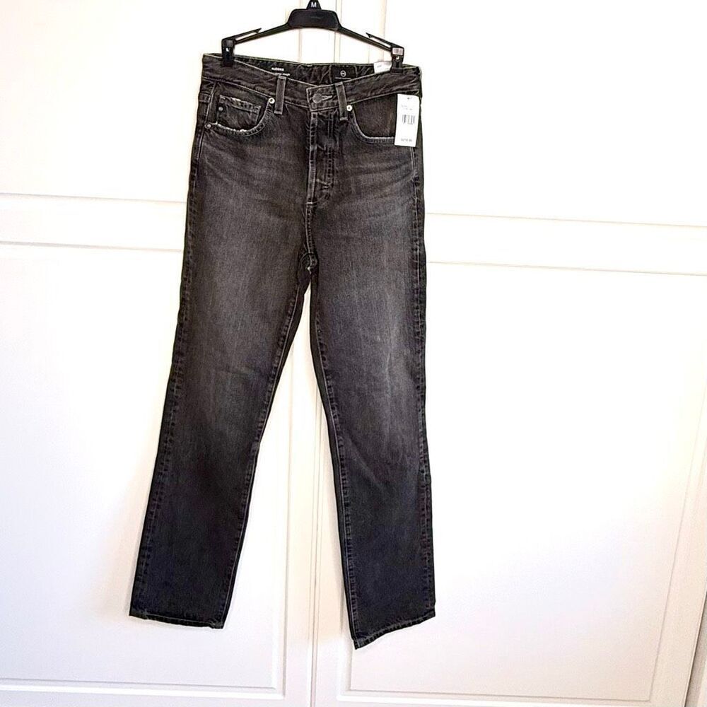 AG Jeans Alexxis High-Rise Vintage Straight Jeans in a washed black/charcoal den